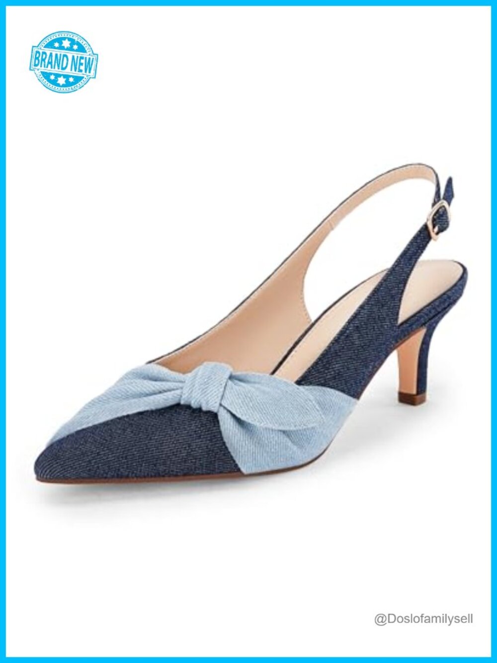 Womens Denim Slingback Kitten Heels Pointed Toe Buckle Dress Pumps